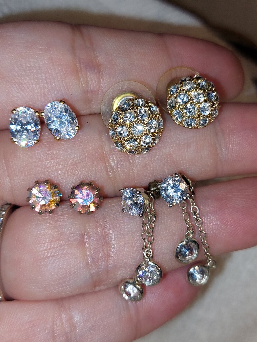 Set of 4 Gold-Tone Clear Crystal Stud and Drop Earring Set - Women Jewelry